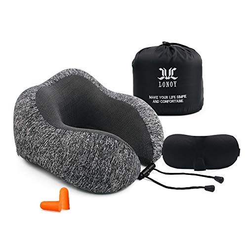Product Cover LONOY Travel Pillow|100% Pure Memory Foam Neck& Head Support Pillow for Airplane Car Office |Breathable&Washable Pillowcase|Travel Kit with Sleep Mask，Earplugs and Reusable Storage Bag.