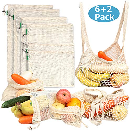 Product Cover Reusable Produce Bags【GOTS, FDA Certified】Natural Organic Cotton Washable Eco-Friendly Mesh Food Bags set of 8 for Grocery Shopping Storage Fruit, Vegetables, Toys (2 Handbag,2xS,2xM,2xL)