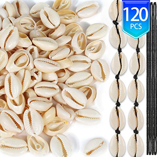 Product Cover 120 PCS Open Back Natural Spiral Shell Beads Smooth Cut Oval Seashells Beach Seashells Cowrie Shells Charm Beads With Big Hole & 5.5 Yard Black Waxed Cotton Cord for DIY Craft Jewelry Making (18-22mm)