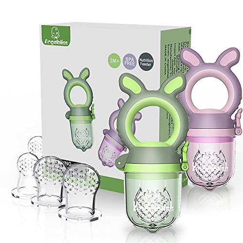 Product Cover ANGELBLISS Baby Food Feeder Pacifier,Organic/Fresh Food Feeder for 3-24 Months Infant&Newborn&Toddlers Weaning ,6 Silicone Sac (Green/Purple 2 Pack) BPA Free