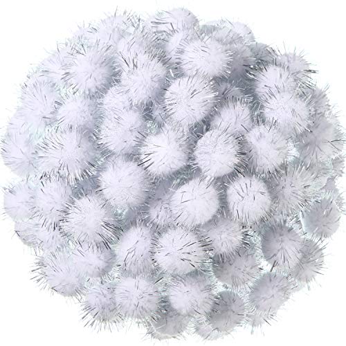 Product Cover 500 Pieces Glitter Pompoms 1 Inch Fuzzy Pom Poms Arts and Crafts Making Balls for Hobby Supplies and Craft DIY Decoration (White)