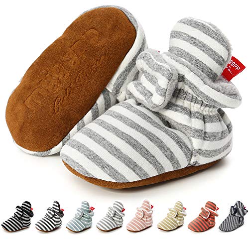 Product Cover Sawimlgy Baby Boys Girls Cozy Fleece Booties Stripe Socks Boots Stay On Slippers Shoe Newborn Infant Toddler Non Slip Grippers House Shoe