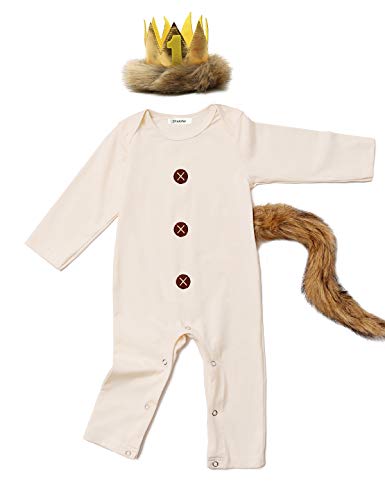 Product Cover Baby Boys Girls One Year Old Birthday Romper 1st Birthday Photography Outfits with Tail and Crown (Beige,12-18 Months)
