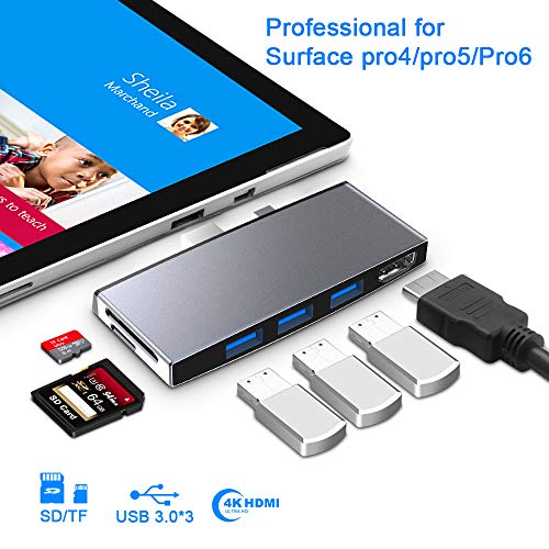 Product Cover 【Upgraded Version】 Microsoft Surface Pro 6/Pro 5/Pro 4 Hub Docking Station with 4K HDMI Port,3X USB 3.0 Ports(5Gps),SD/TF Slot Momery Card Reader Converter Combo Adaptor for Surface Aluminum Alloy