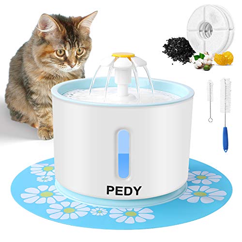 Product Cover pedy Cat Water Fountain, Automatic Pet Fountain with LED Light Switch & Water Level Window, Dog Water Dispenser with 2 Replacement Filter and Flower Silicone Mat, 81oz/2.4L