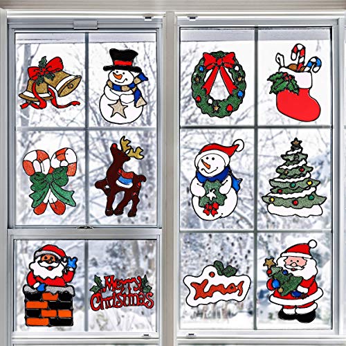 Product Cover 12 Pcs Christmas Window Stickers, Holiday Decal Clings Decorations, Gel Xmas Window Decors