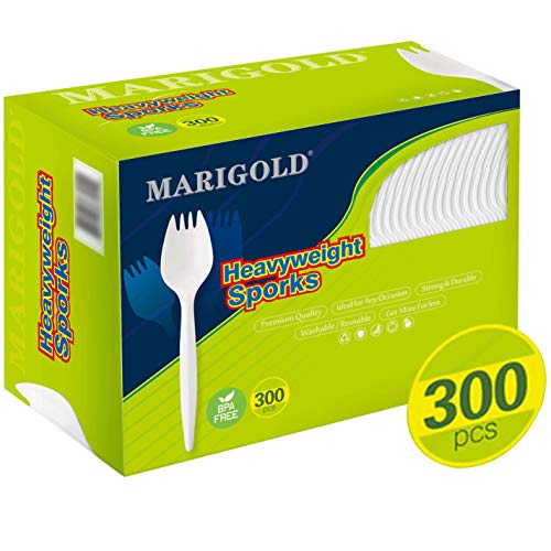 Product Cover Heavy-weight 300Pk Disposable Sporks BPA-Free - MARIGOLD Recyclable cutlery, Eco-Friendly and Kid-Safe Utensils, Great for School Lunch, Picnics or Restaurant and Party Supply Spoons and Forks