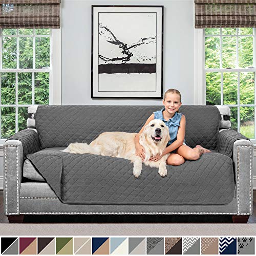 Product Cover Sofa Shield Original Patent Pending Reversible Large Sofa Protector for Seat Width up to 70 Inch, Furniture Slipcover, 2 Inch Strap, Couch Slip Cover Throw for Pet Dogs, Cats, Sofa, Charcoal