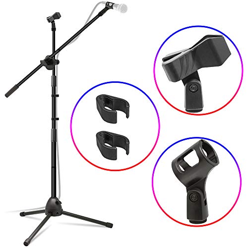 Product Cover Kasonic Microphone Stand, Heavy Duty Adjustable Collapsible Tripod Boom Mic Stands with 2 Mic Clip Holders for Performance, Karaoke Singing, Speech, Wedding, Stage and Outdoor Activity - Black