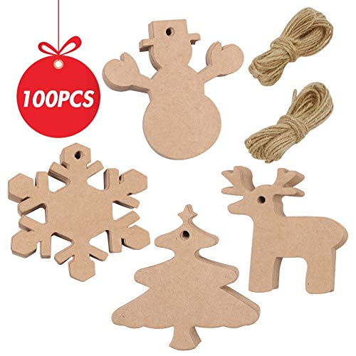 Product Cover 100 PCS Christmas Kraft Paper Tags Gift Tags Snowman, Snowflake, Reindeer and Christmas Tree Design for Christmas Gift,DIY and Wedding