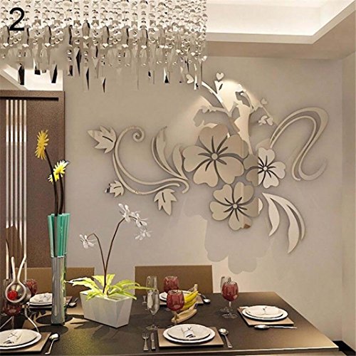 Product Cover Chicoco 3D Wall Sticker Wall Stickers 3D Mirror Flower Removable Wall Sticker Acrylic Art Decal Home Room Decor - Silver#