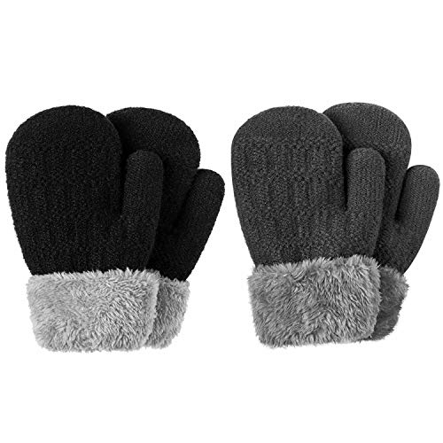 Product Cover Winter Mitten Gloves For Baby Kids Toddler Infant Newborn, Cute Warm Fleece Lined Knit Thick Thermal Gloves For Boys Girls (Black&Gray)