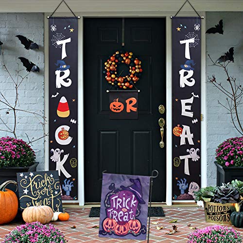 Product Cover Halloween Decorations Outdoor(3 Banner+1 Garden Flag),Trick or Treat Set includes Trick or Treat Banner for Front Door Display and Double Sided Scary Flag for Garden,Durable Halloween Home Decor.