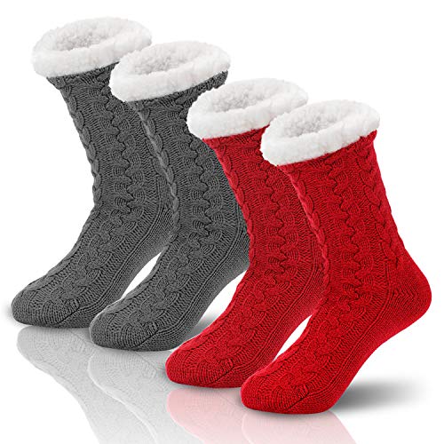 Product Cover SEVENS 2 Pairs Women Fleece Lined Socks Cozy Winter Slipper Socks with Gripper Gray and Red