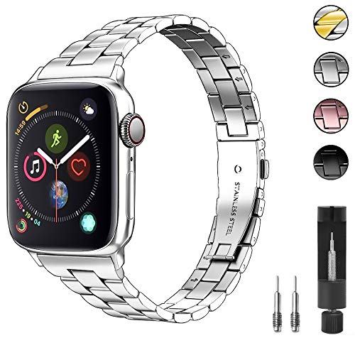 Product Cover Aizilasa Stainless Steel Band Compatible with Apple Watch Band 40mm Series 5/4 and 38mm Series 3/2/1 for Women Men, Replacement for iWatch Bands All Models Wristbands Strap (Silver, 38mm/40mm)