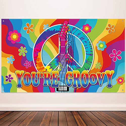 Product Cover 60's Theme Party Decorations, Groovy Sign 60's Party Scene Setters Wall Decoration 60s Photo Backdrop Banner with Rope for Hippie Theme Groovy Party, 72.8 x 43.3 Inch