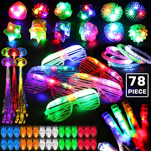 Product Cover 78PCs LED Light Up Toy Party Favors Glow In The Dark,Party Supplies Bulk For Adult Kids Birthday Halloween With 50 Finger Light, 12 Jelly Ring, 6 Flashing Glasses, 5 Bracelet, 5 Fiber Optic Hair Light