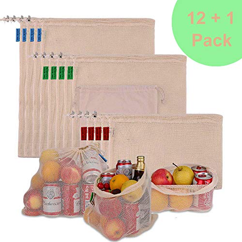 Product Cover Reusable Produce Bags 13 Packs, Durable Organic Cotton Mesh Bags for Grocery Shopping and Storage with Tare Weight Tags, 3 Sizes Washable Biodegradable Eco-Friendly Bags
