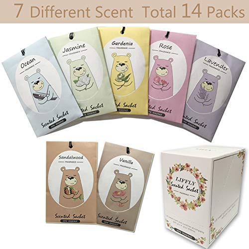 Product Cover LIFFLY 14 Packs Scented Sachets for Drawers and Closets Lavender, Rose, Jasmine, Ocean, Vanilla, Sandalwood, Gardenia 7 Scent