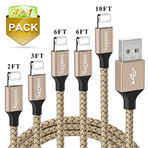 Product Cover Phone Charger Cable Champagne Gold - Sagmoc USB Cord Highspeed Shiny Nylon Braided 【4+1 Pack】 10FT 2x6FT 3FT 2FT Compatible with XS/XS MAX/XR/X/8/8Plus/7/7Plus/6/6Plus/6s/6sPlus/5/5s/AIR/PRO and More