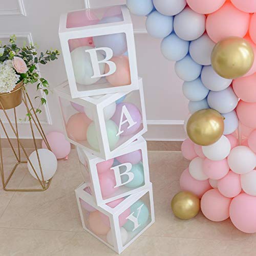 Product Cover Baby Shower Boxes Party Decorations - 4 pcs Transparent Balloons Décor Boxes with Letter, Individual BABY Blocks Design for Boys Girls Baby Shower Bridal Showers Birthday Party Gender Reveal Backdrop