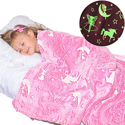 Product Cover Unicorn Blanket Glow in the Dark Luminous Fairy Blanket for Kids - Soft Plush Pink Fantasy Star Blanket Throw - Large 60in x 50in Glowing Magical Blankets Gift for Girls (Pink Unicorn and Fairy)