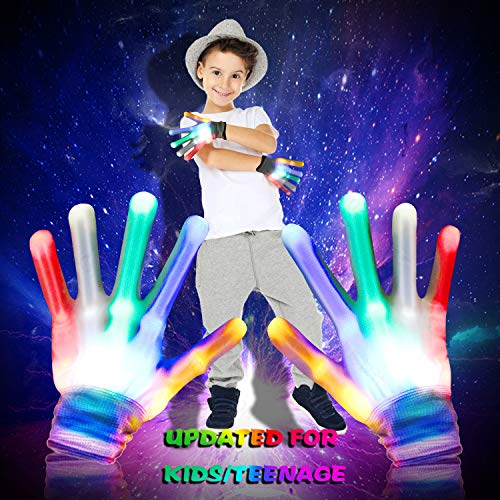 Product Cover Led Skeleton Gloves for Kids, Light Up LED Flashing Skeleton Hand Gloves 12 Color Changing Flashing Shows Halloween Decoration Costume Party Concert Clubbing, Best Gift for Kids Boys &Girls, for Novelty, 1 Pair, White