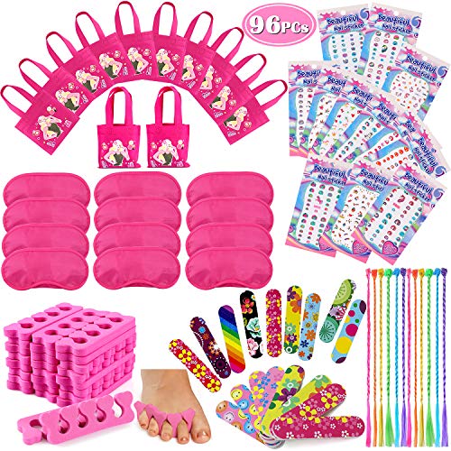 Product Cover Tacobear 96PCS Spa Party Supplies for Girls Multiple Spa Party Favors for Kids Including 12 Tote Bags, 24 Emery Boards,12 Colored Hair Clip Braids, 24 Toe Separators, 12 Pink Spa Masks 12 Unicorn Nail Decal Sets