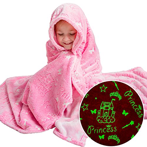 Product Cover DreamsBe Princess Blanket Glow in The Dark Luminous Magical Blanket for Little Girls - Soft Plush Pink Fantasy Castle Blanket Throw for Kids - Large 60in x 50in Glowing Stars Blankets Gift for Girls