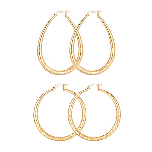 Product Cover Hoop Earrings for Women Girls 2 Pairs Gold Plated Polished Rounded/Teardrop Earrings Set