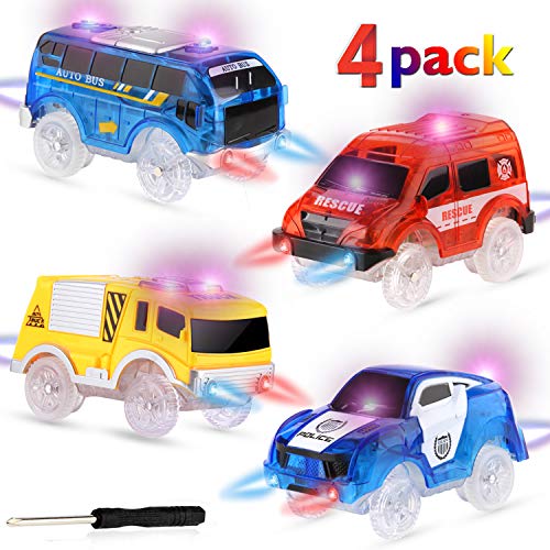 Product Cover RACPNEL Track Cars Compatible with Most Tracks Light Up Replacement Car Toys, Glow in The Dark Car Tracks Accessories with 5 Flashing LED Lights, Best Gift for Boys and Girls ( 4 Pack )