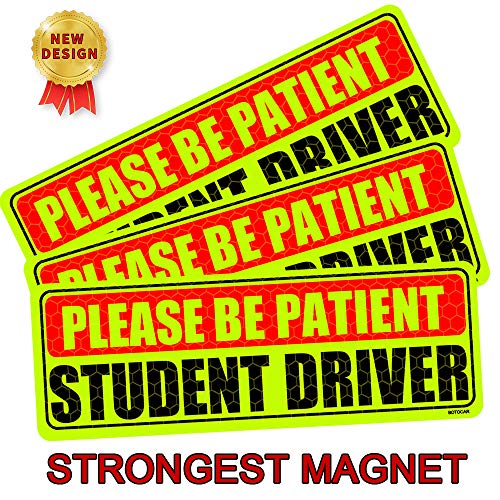 Product Cover BOTOCAR Student Driver Magnet Car Signs Please Be Patient Student Driver Magnets Reflective Student Bumper Sticker for New Drivers Magnetic Sticker Yellow Large Bold Text 10 x 3.5 Inch, Pack of 3