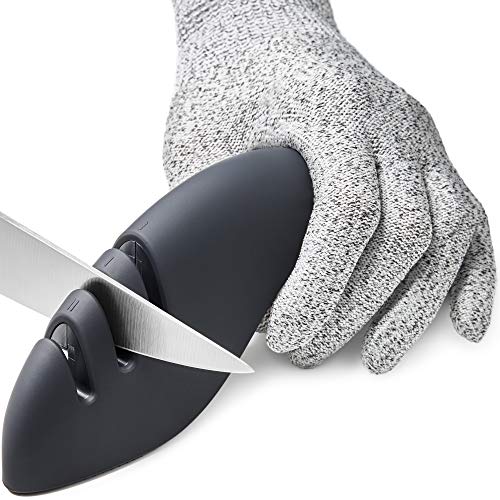 Product Cover Kitchen Knife Sharpener - 4-Slot Knife Accessory Sharpening Tool for Straight Blades, Serrated Blades and Scissors - Cut-Resistant Glove Included