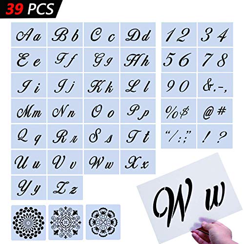 Product Cover Letter Stencils，39 Pcs Large Size Letter Templates，More Than 100 Designs， Reusable Art Craft Stencils，Fit for Painting on Wood/Wall/Fabric/Rock