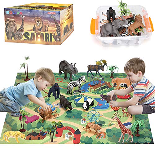 Product Cover BOLZRA Safari Animals Figurines Toys with Activity Play Mat & Trees, Realistic Plastic Jungle Wild Zoo Animals Figures Playset with Elephant, Giraffe, Lion, Gorilla for Kids, Boys & Girls, 22 Piece