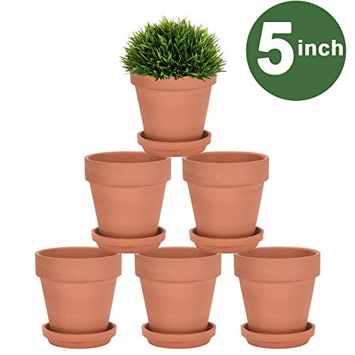 Product Cover 5 Inch Terra Cotta Pots with Saucer - 6 Pack Clay Flower Pots with Drainage, Great for Plants, Crafts, Wedding Favor (5 inch)