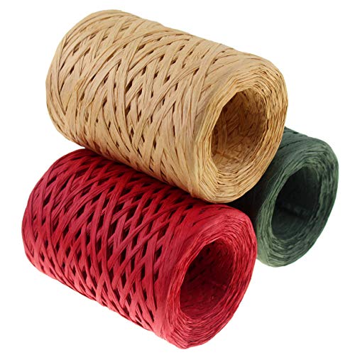 Product Cover CREATRILL Raffia Ribbon Red Green Natural 3 Rolls 1080 Feet, 360 Feet Each Roll, Paper Twine Wrapping Ribbon for Christmas
