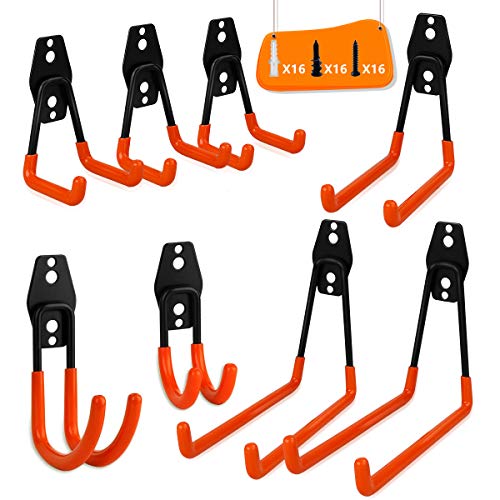 Product Cover Garage Storage Utility Double Hooks, WOHOME 8-Pack Heavy Duty Wall Hooks for Organizing Power Tools, Ladders, Bulk Items, Bikes, Ropes and More