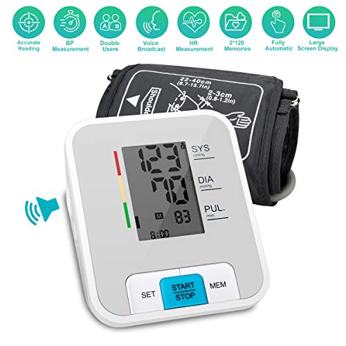 Product Cover Blood Pressure Monitor, Upper Arm Blood Pressure Monitor with Wide-Range Cuff Digital Automatic Measure Blood Pressure and Heart Rate Pulse Large Screen and Voice Broadcast Powered by USB Or Battery