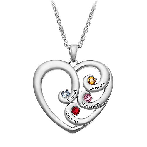 Product Cover Graceful.u Personalized 925 Sterling Silver Mother's Engraved 4 Name Heart Shaped with Birthstone Family Jewelry Necklace