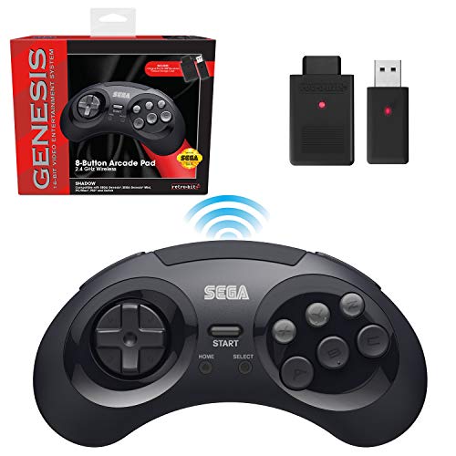 Product Cover Retro-Bit Sega Genesis 2.4 GHz Wireless Controller 8-Button Arcade Pad for Sega Genesis Original/Mini, Switch, PC, Mac - Includes 2 Receivers & Storage Case - Black