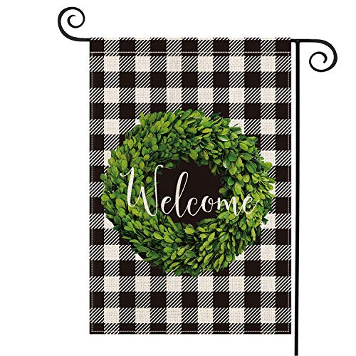 Product Cover AVOIN Fall Boxwood Wreath Welcome Garden Flag Vertical Double Sided, Buffalo Check Plaid Rustic Farmhouse Burlap Flag Yard Outdoor Decoration 12.5 x 18 Inch