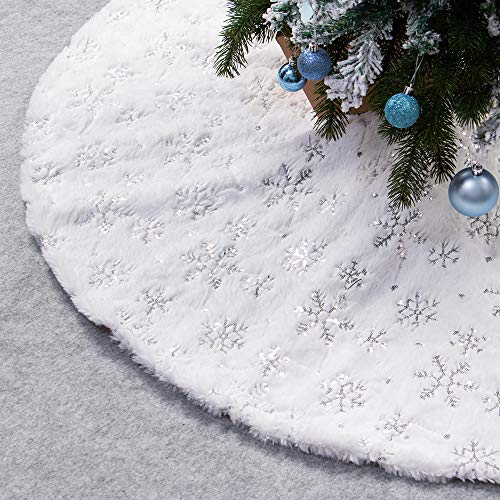 Product Cover XAMSHOR Sequin Christmas Tree Skirt Soft Plush Mat White Faux Fur Holiday Party Decorations 48 Inch