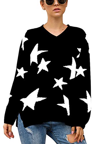Product Cover Women Pullover Sweater Winter V Neck Long Sleeve Star Printed Knitted Top