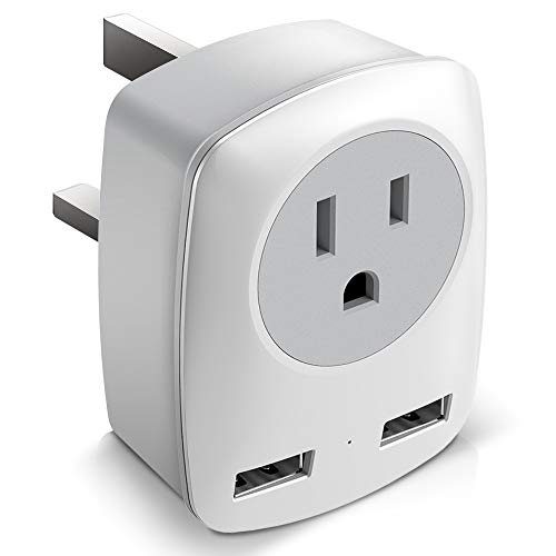 Product Cover UK Travel Adapter, US to UK/Ireland/Hong Kong Plug Adapter with 2 USB and 1 Electrical Outlet, America to Europe Irish British England Scotland Travel Adaptor (Type-G)
