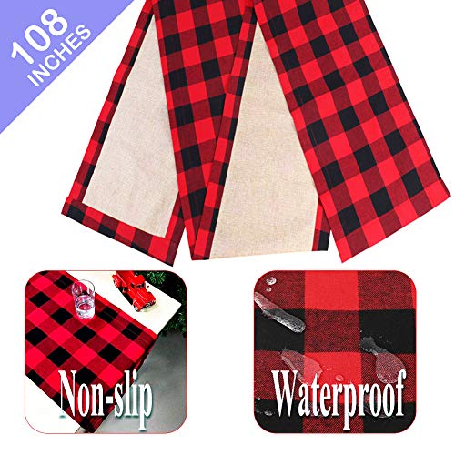 Product Cover OurWarm Buffalo Plaid Table Runner Christmas Buffalo Check Table Runner, Cotton Burlap Waterproof Red and Black Table Cover for Holiday Dining Xmas Table Decorations, 14