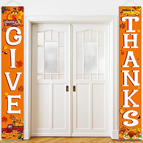 Product Cover Blulu Welcome Fall Harvest Decorative Porch Sign Autumn Door Sign Pumpkin Maple Leaf for Fall Party Thanksgiving Decoration Garden Yard (Orange Give Thanks)