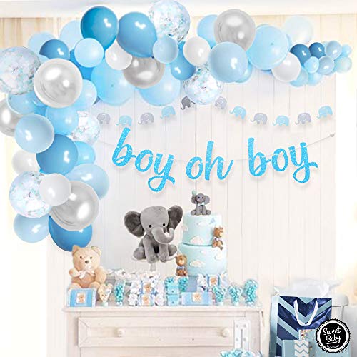Product Cover Sweet Baby Co. Boy Baby Shower Blue Balloon Garland Arch Kit for Boy with Elephant Decorations, Oh Boy Banner, Confetti, Metallic Silver Grey, White, and Baby Blue Balloons | Party Decoration Kits