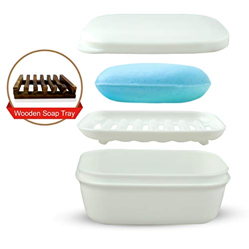 Product Cover Le RoiG Travel Size Shower Leak Proof Plastic Soap Dish Saver Holder Soap Box Case Container with Lid Cover and Soap Drainer Tray and Natural Wood Soap Dish Tray for Kitchen Bathroom Gym Camping