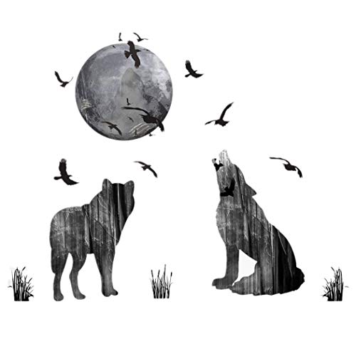 Product Cover Wall Stickers Wolf and Moon Wall Decor Decal Art Animal Murals Removable PVC DIY Wall Decoration Paper Poster for Bedroom Kitchen Living Room Nursery Rooms Offices